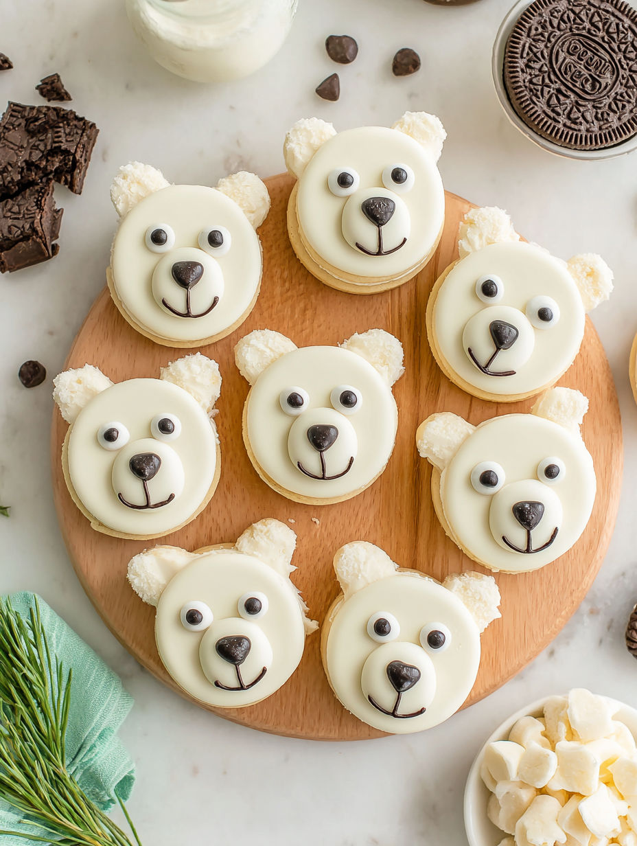 Polar bear cookies with white frosting and black eyes.