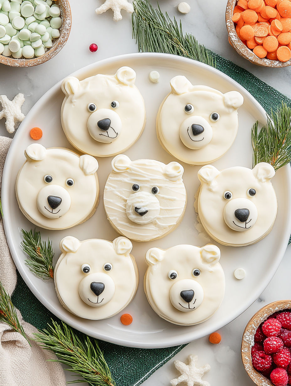 A plate of white frosted cookies shaped like polar bears.