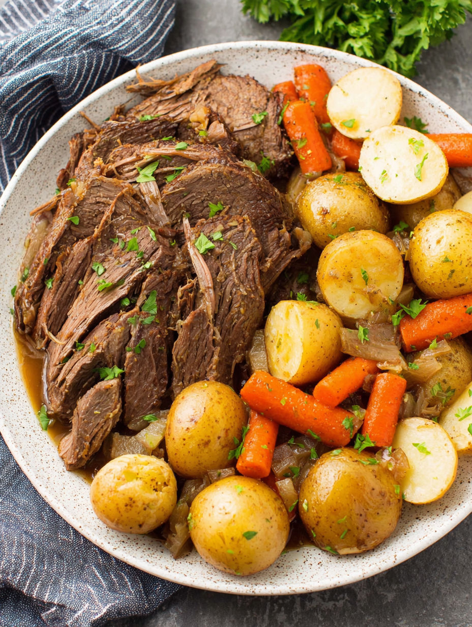 A plate of food with a pot roast and potatoes.
