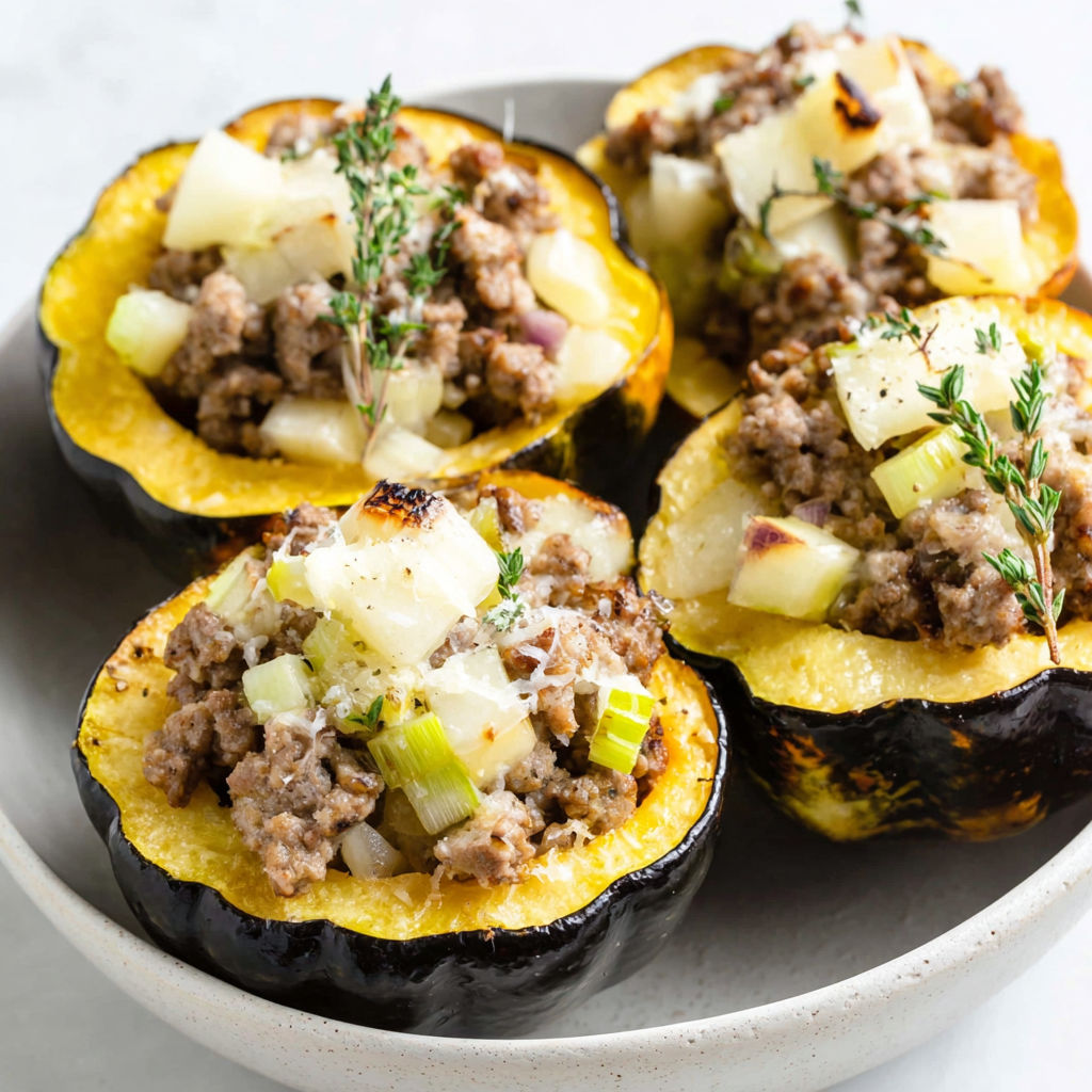 A plate of stuffed acorn squash with sausage and cheese.