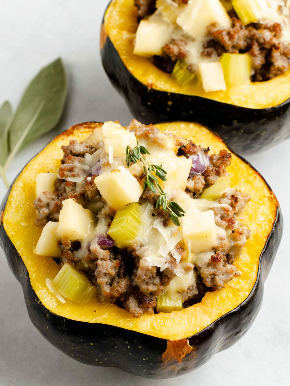 A stuffed acorn squash with sausage and cheese.
