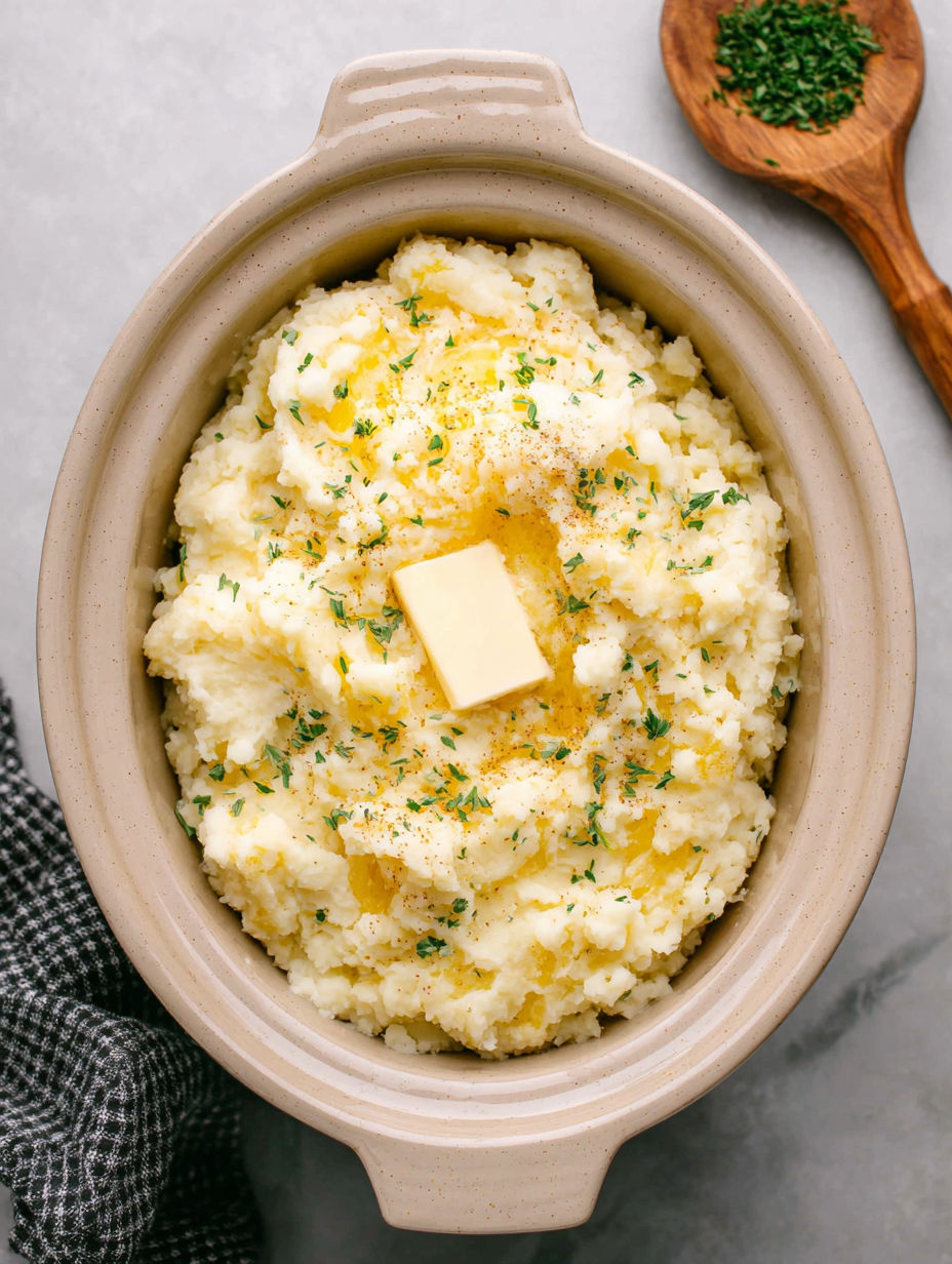 A bowl of mashed potatoes with a butter cube on top.