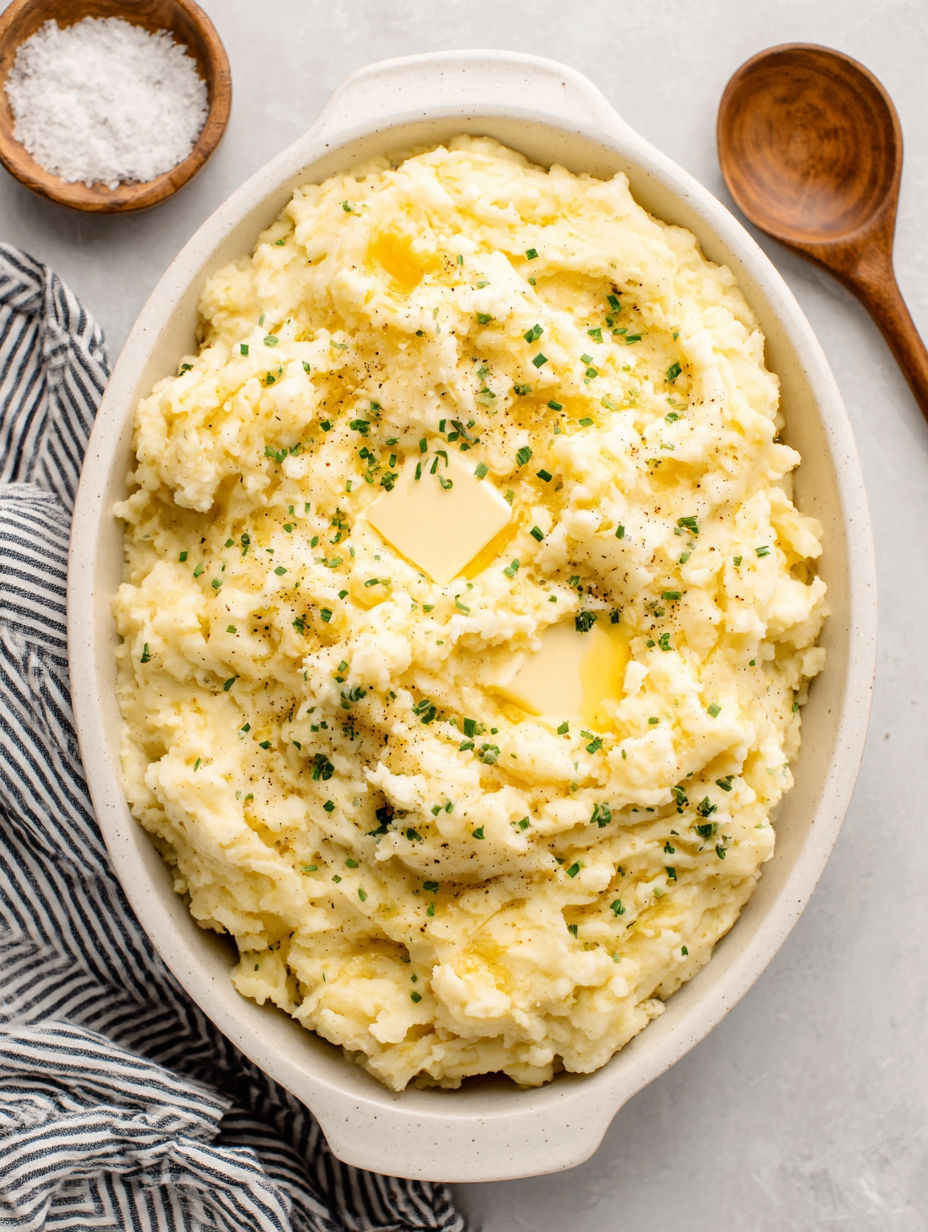 A bowl of mashed potatoes with butter and herbs.