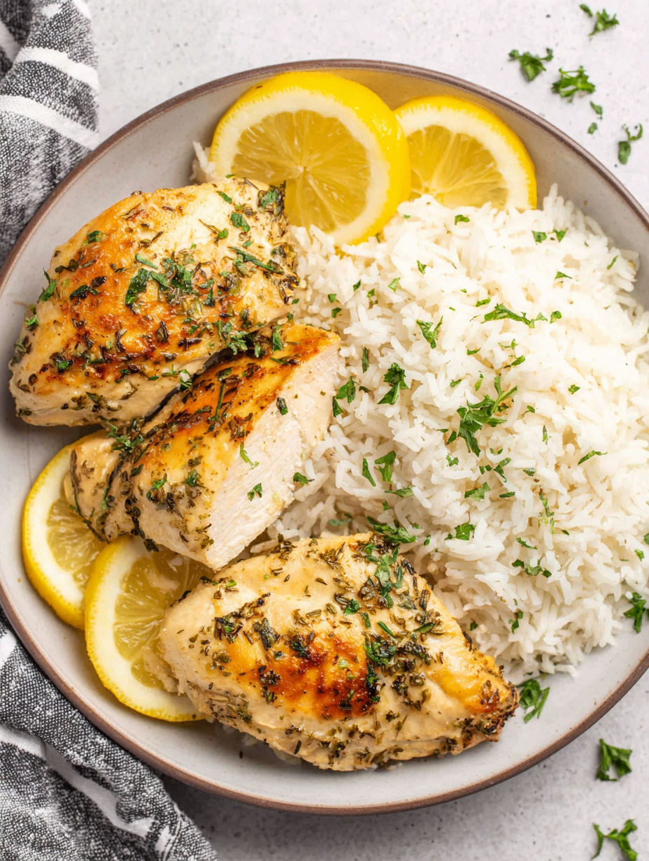 A plate of chicken with rice and lemon.