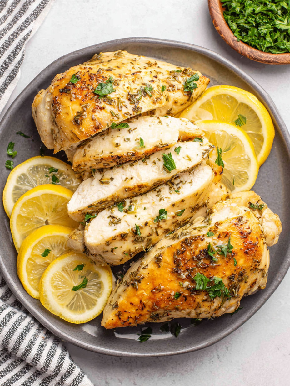 A plate of chicken with lemon slices on top.