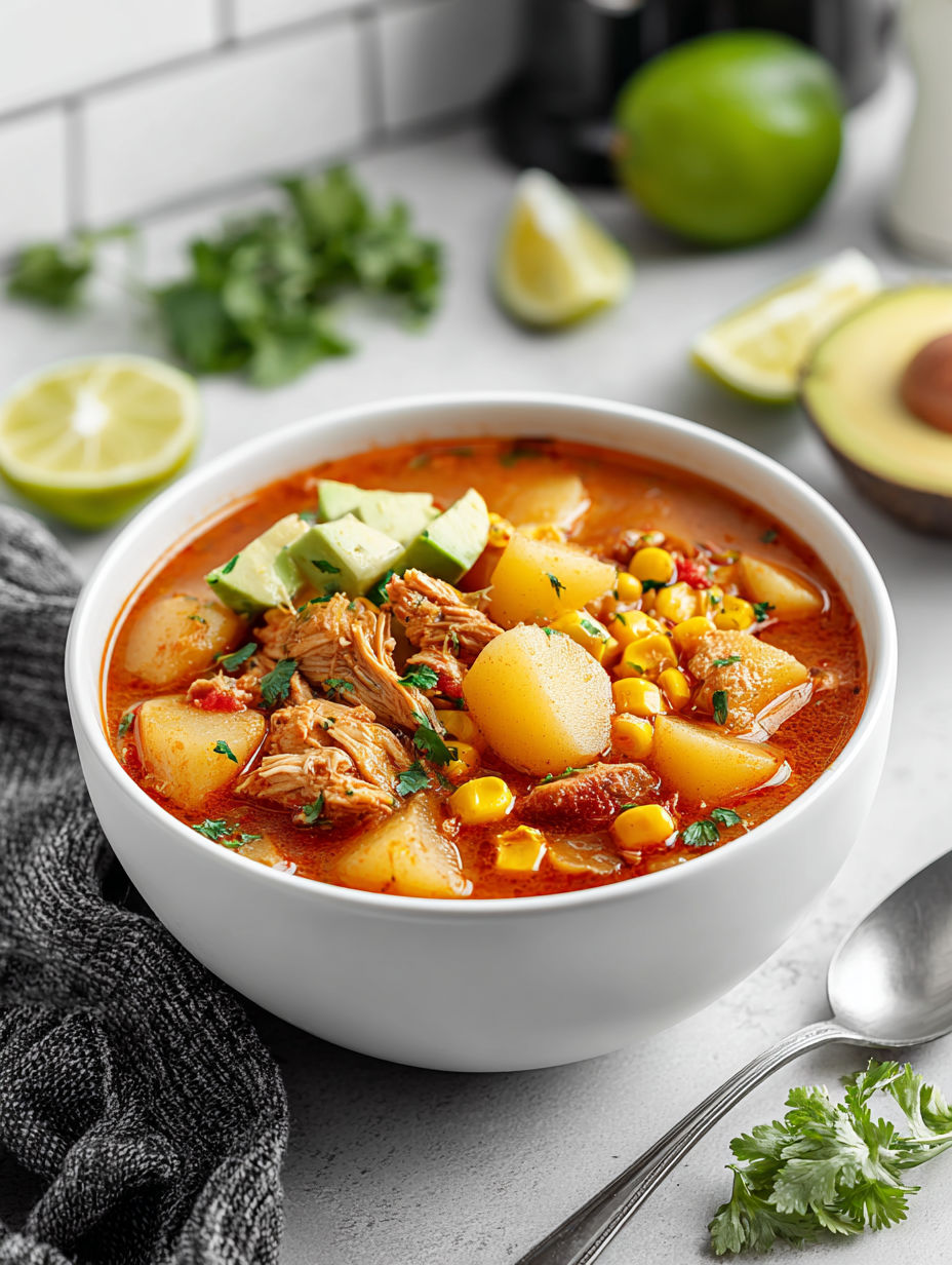 A bowl of soup with chicken, potatoes, corn, and avocado.