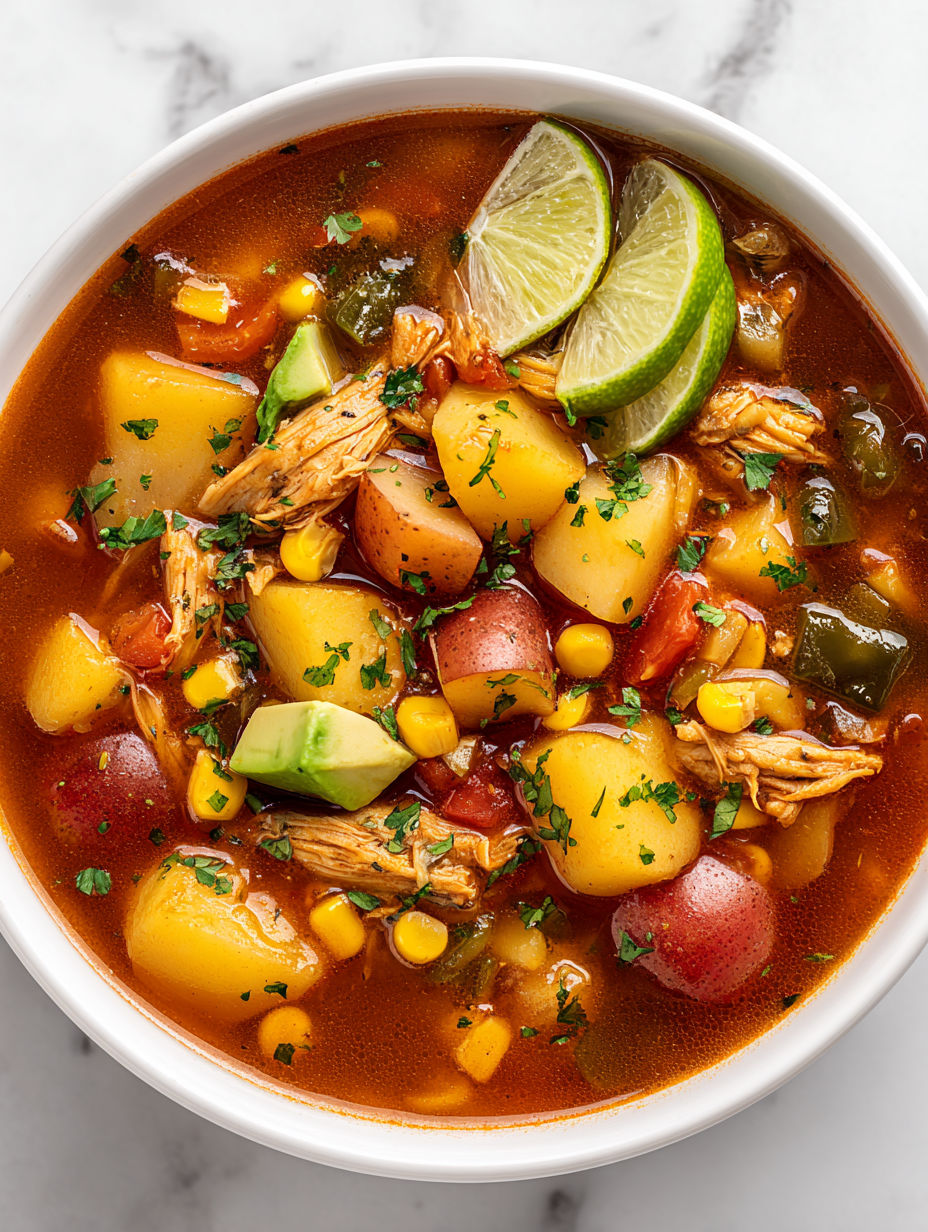 A bowl of soup with limes and chicken.