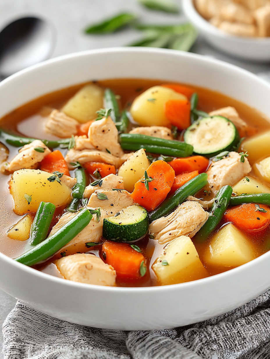 A bowl of chicken and vegetable stew.