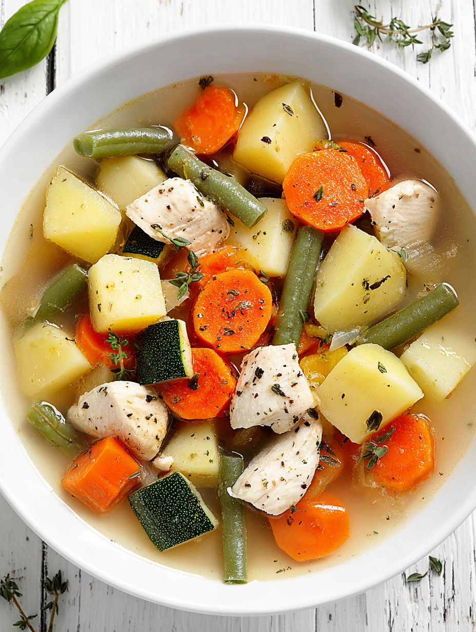 A bowl of chicken and vegetable stew.