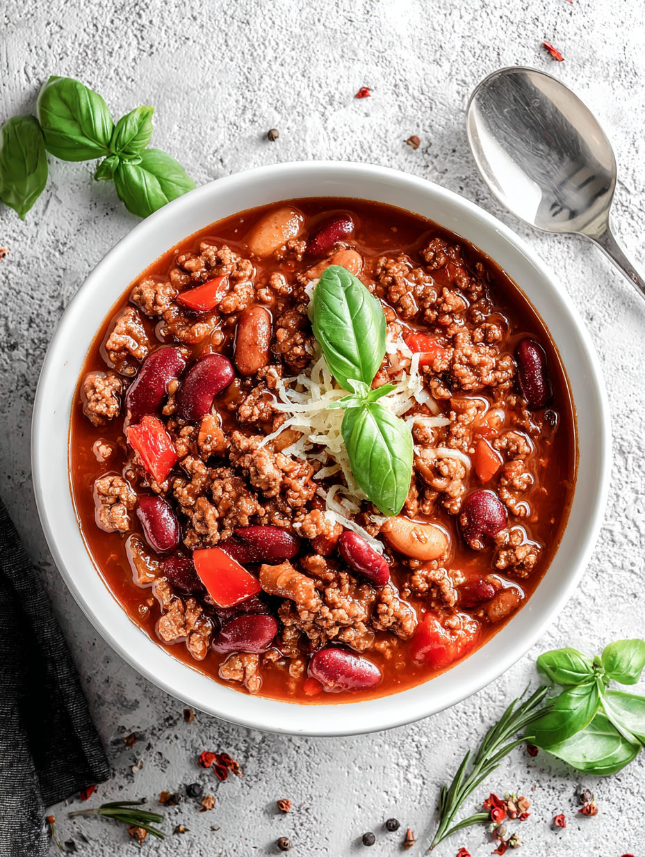 A bowl of slow cooker hearty chili with a spoon.