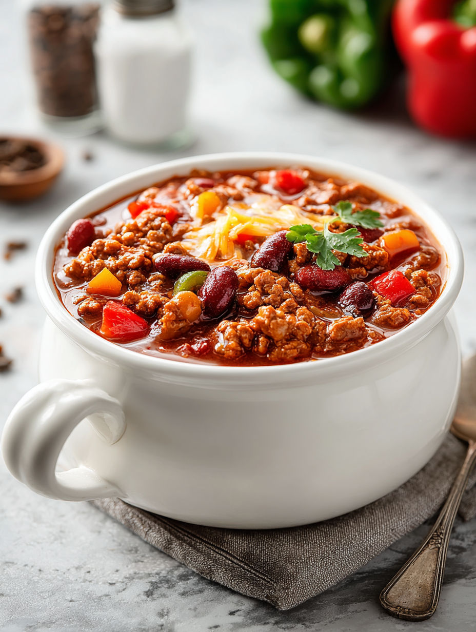 A bowl of chili with a spoon in it.