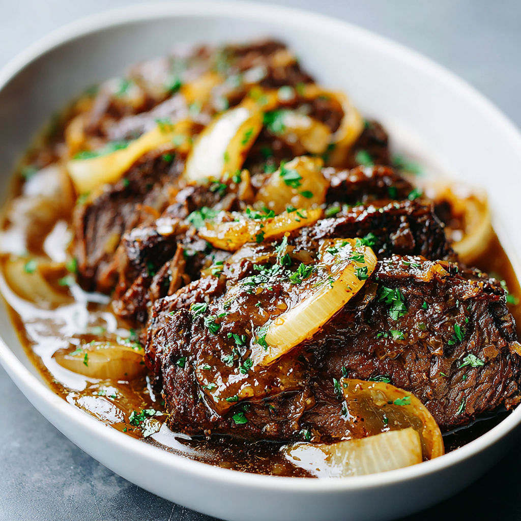 A plate of beef with onions and herbs.