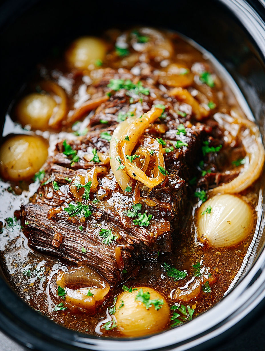 A close up of a beef stew with onions and potatoes.