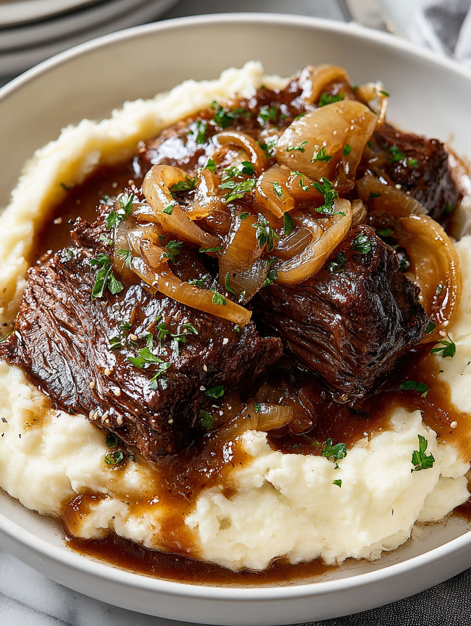 A plate of food with meat and onions.