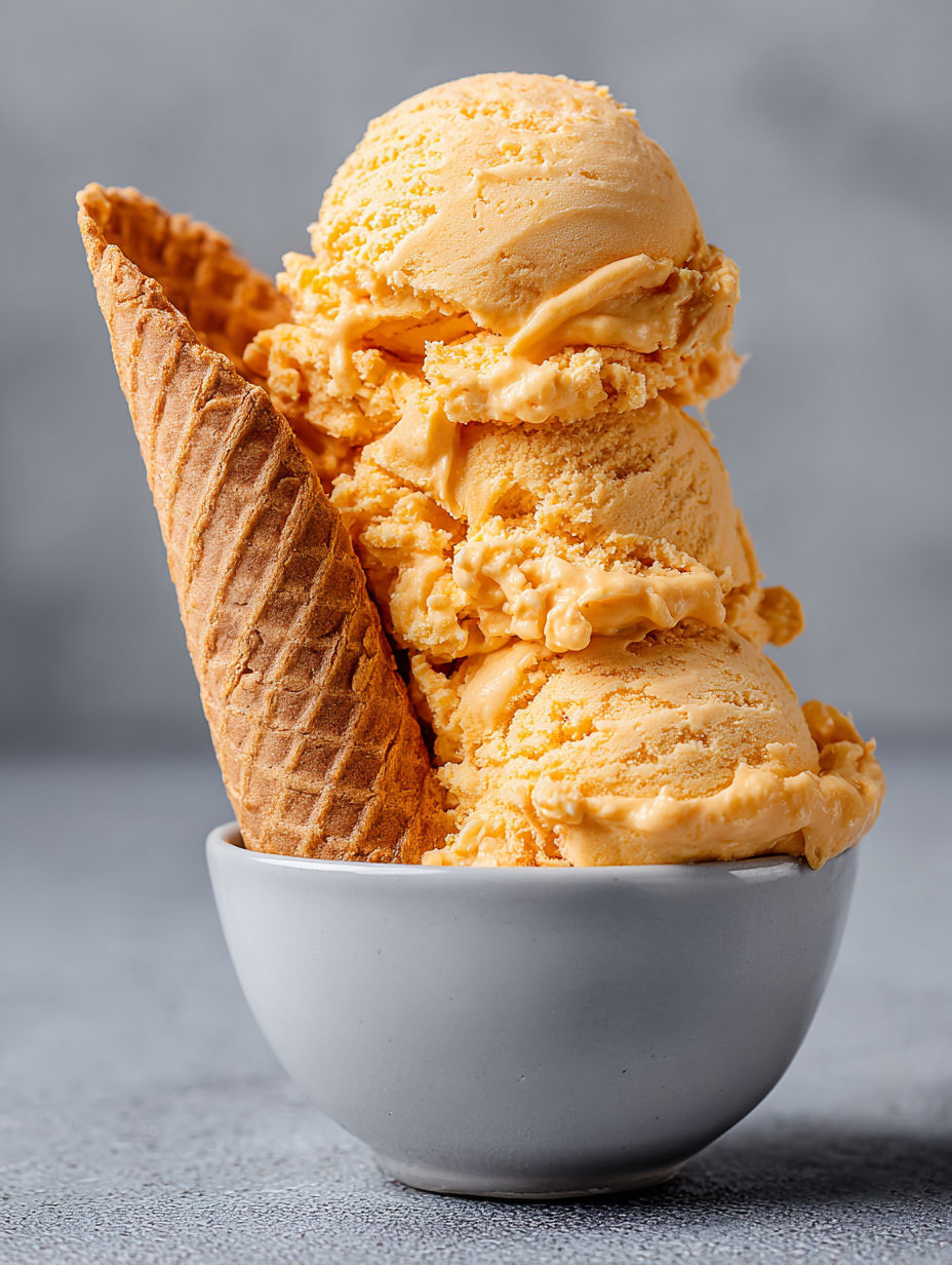 A bowl of ice cream with a scoop of vanilla ice cream and a scoop of cottage cheese pumpkin ice cream.