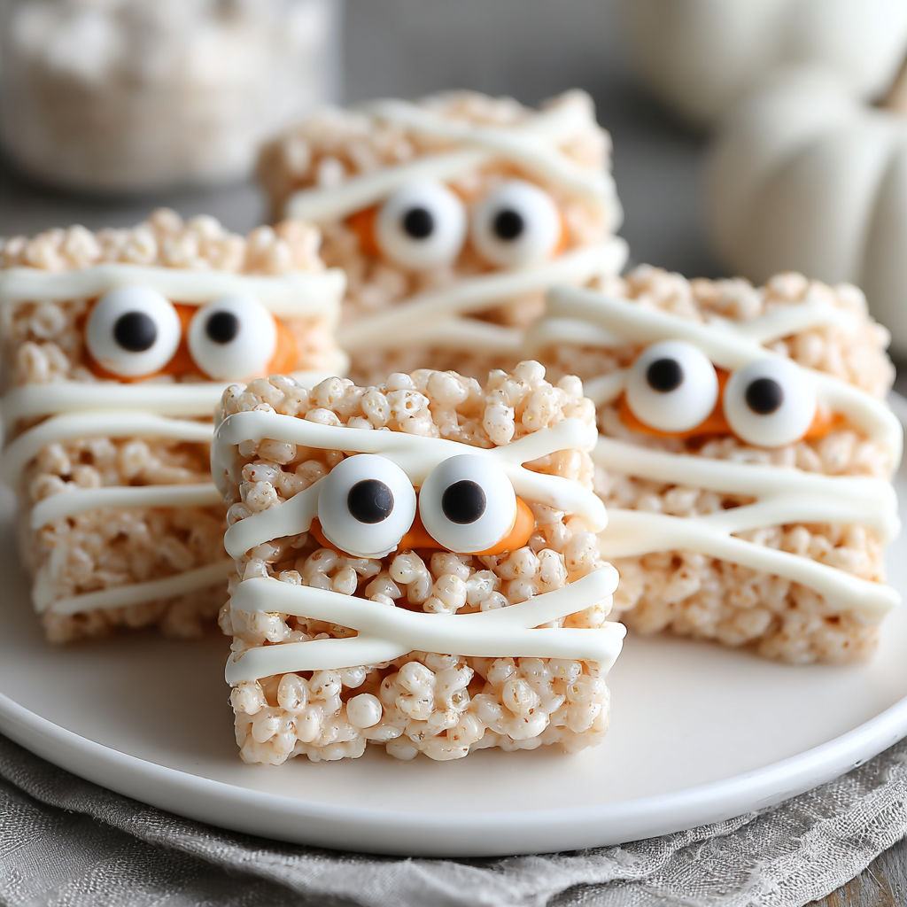 A plate of rice krispie treats shaped like mummies.