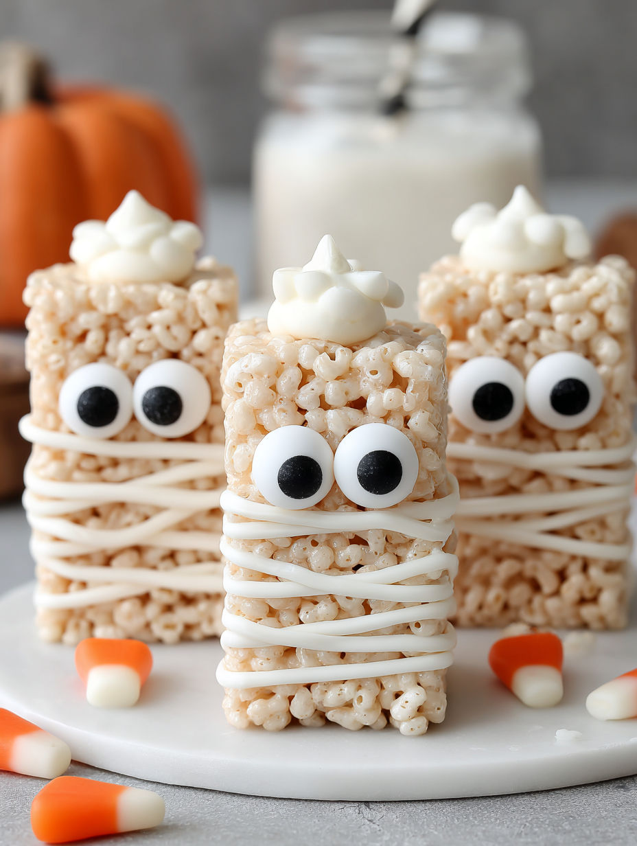 Three Rice Krispie treats are decorated to look like mummies.