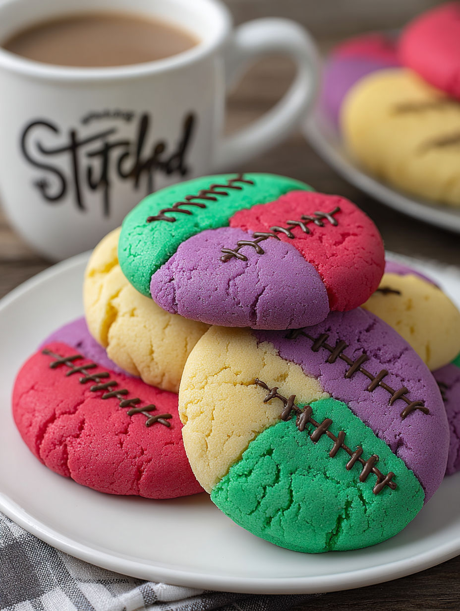 A plate of colorful sugar cookies with a football design.