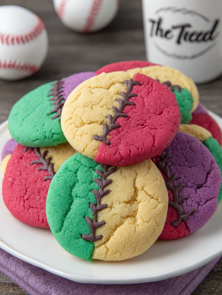 A plate of colorful cookies with a baseball design.