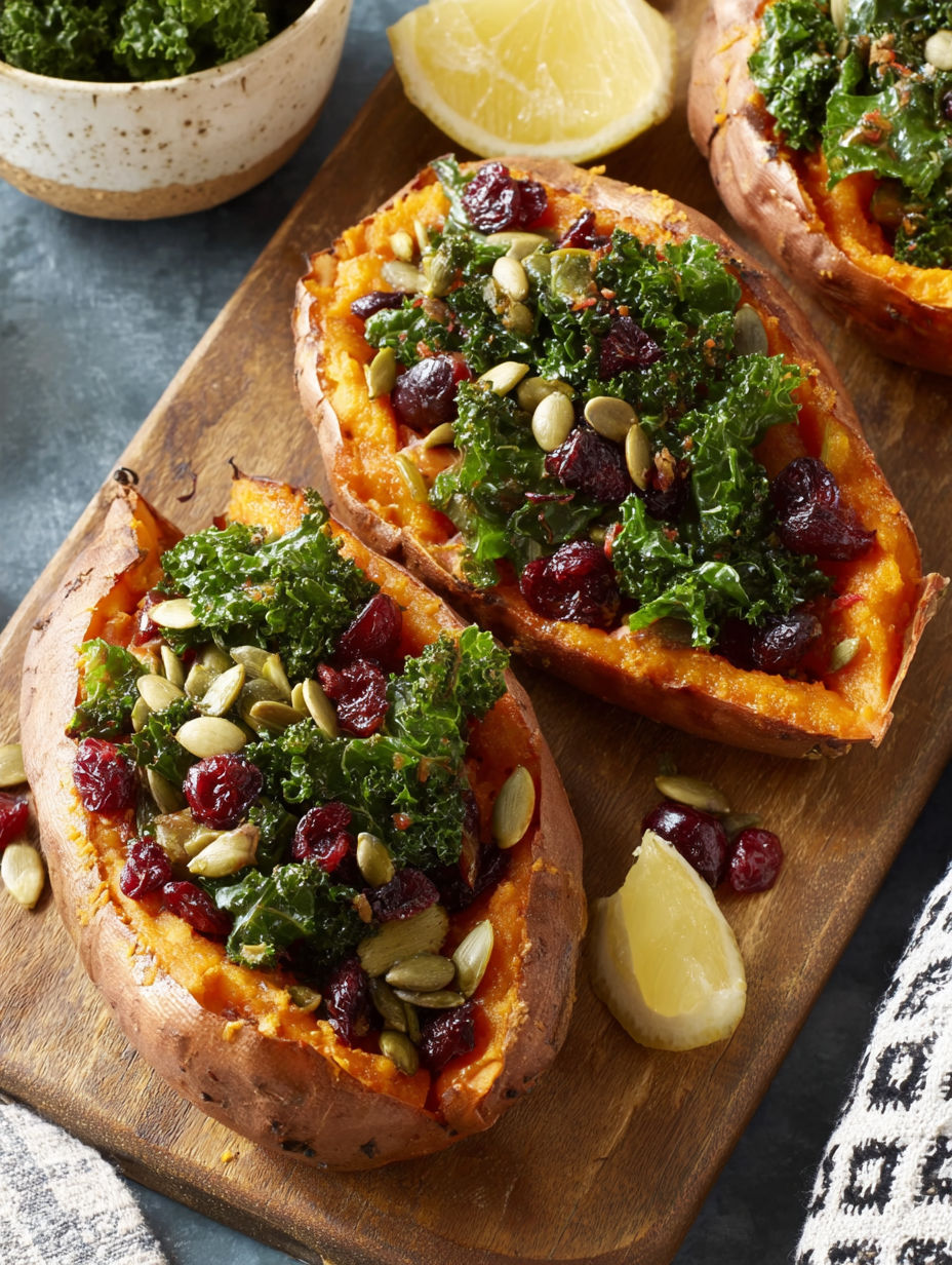 Two stuffed sweet potatoes with a lemon wedge on a wooden cutting board.