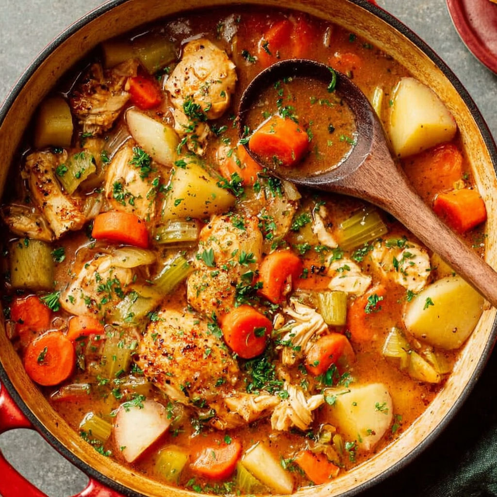 A pot of chicken stew with carrots and potatoes.