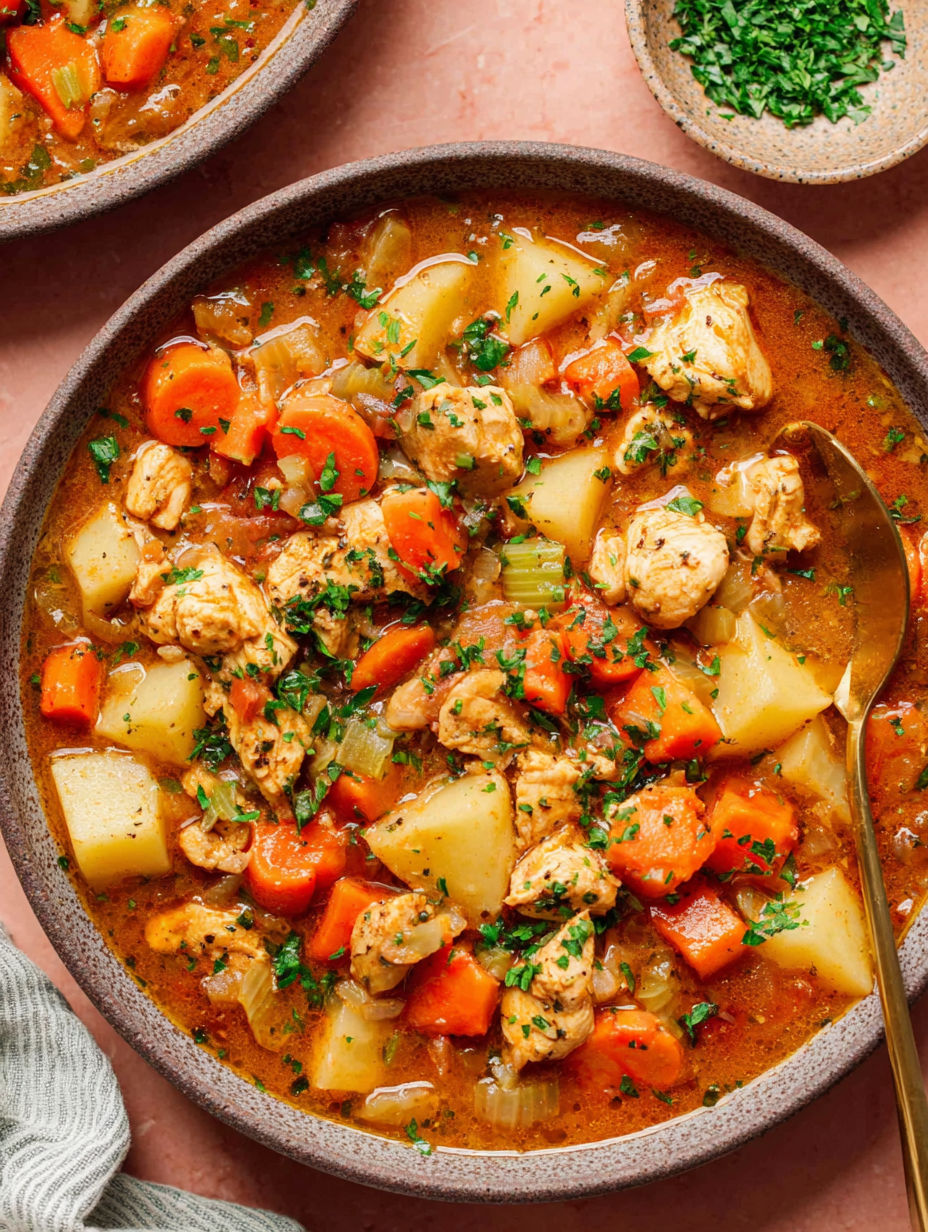 A bowl of chicken stew with carrots and potatoes.