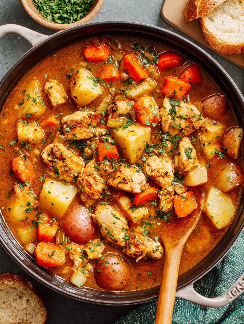 A bowl of chicken stew with potatoes and carrots.