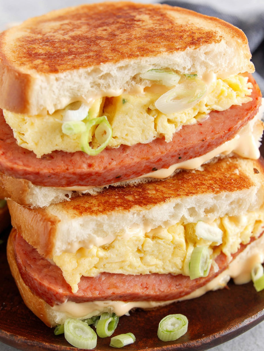 A stack of three sandwiches with eggs, cheese, and onions.