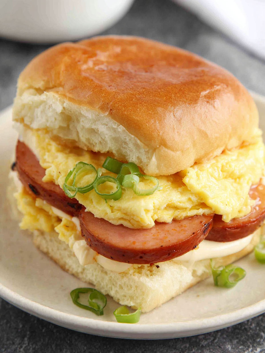 A breakfast sandwich with eggs, sausage, and peppers.