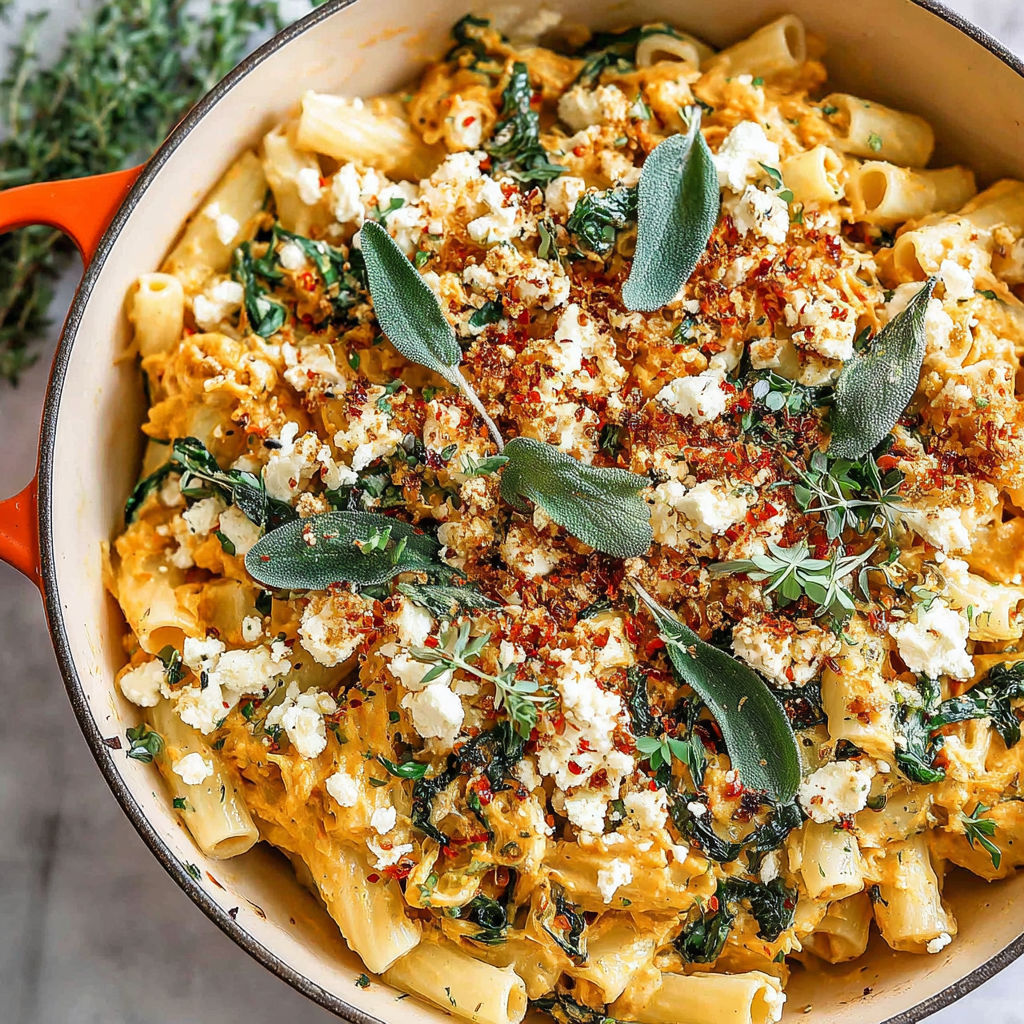 A bowl of pasta with feta cheese and pumpkin.