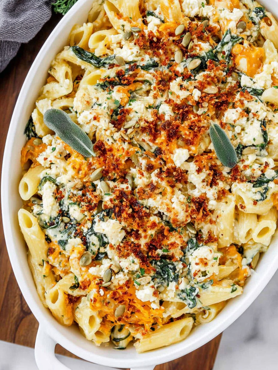 A bowl of pasta with pumpkin and feta cheese.