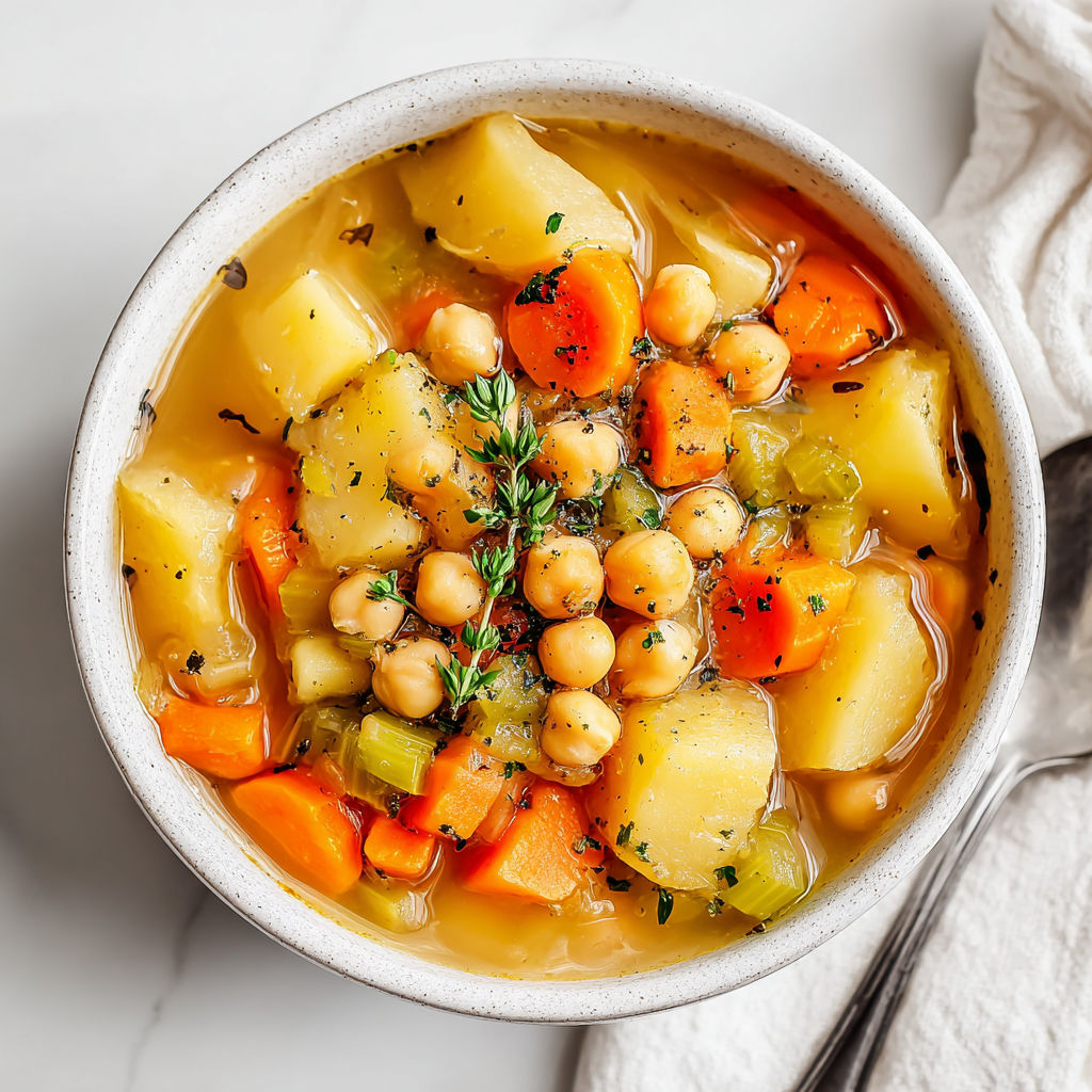A bowl of soup with chickpeas, carrots, and potatoes.