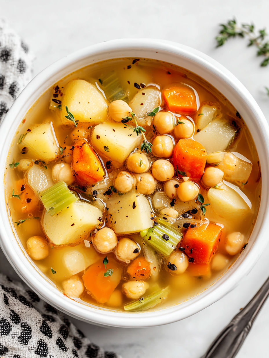 A bowl of soup with chickpeas, carrots, and potatoes.