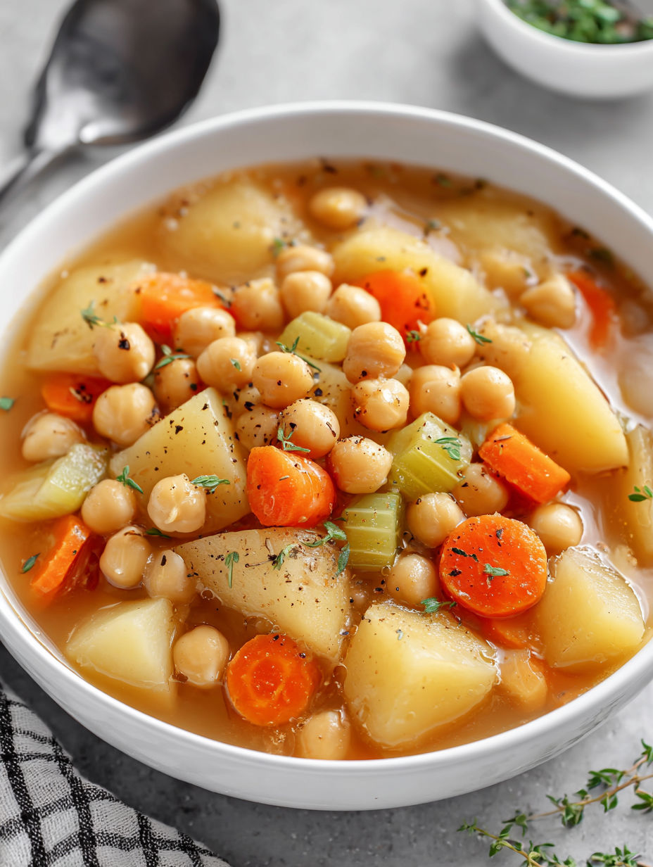 A bowl of soup with chickpeas, carrots, and potatoes.