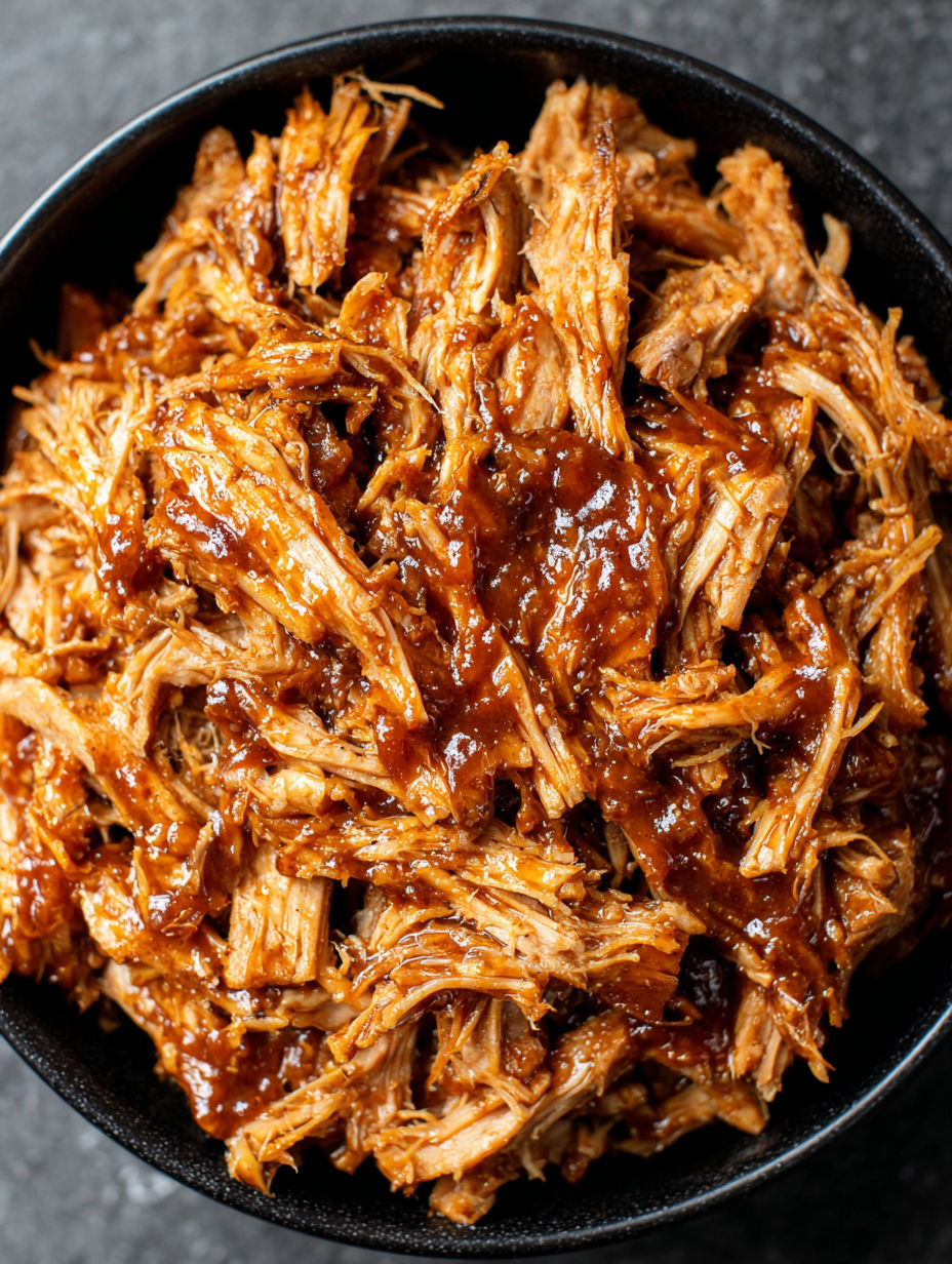 A bowl of slow cooker BBQ pulled pork.