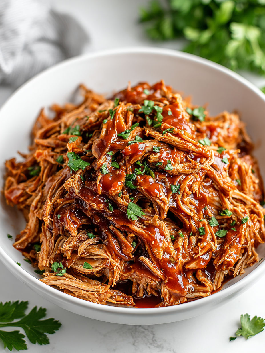 A white bowl filled with slow cooker BBQ pulled pork.