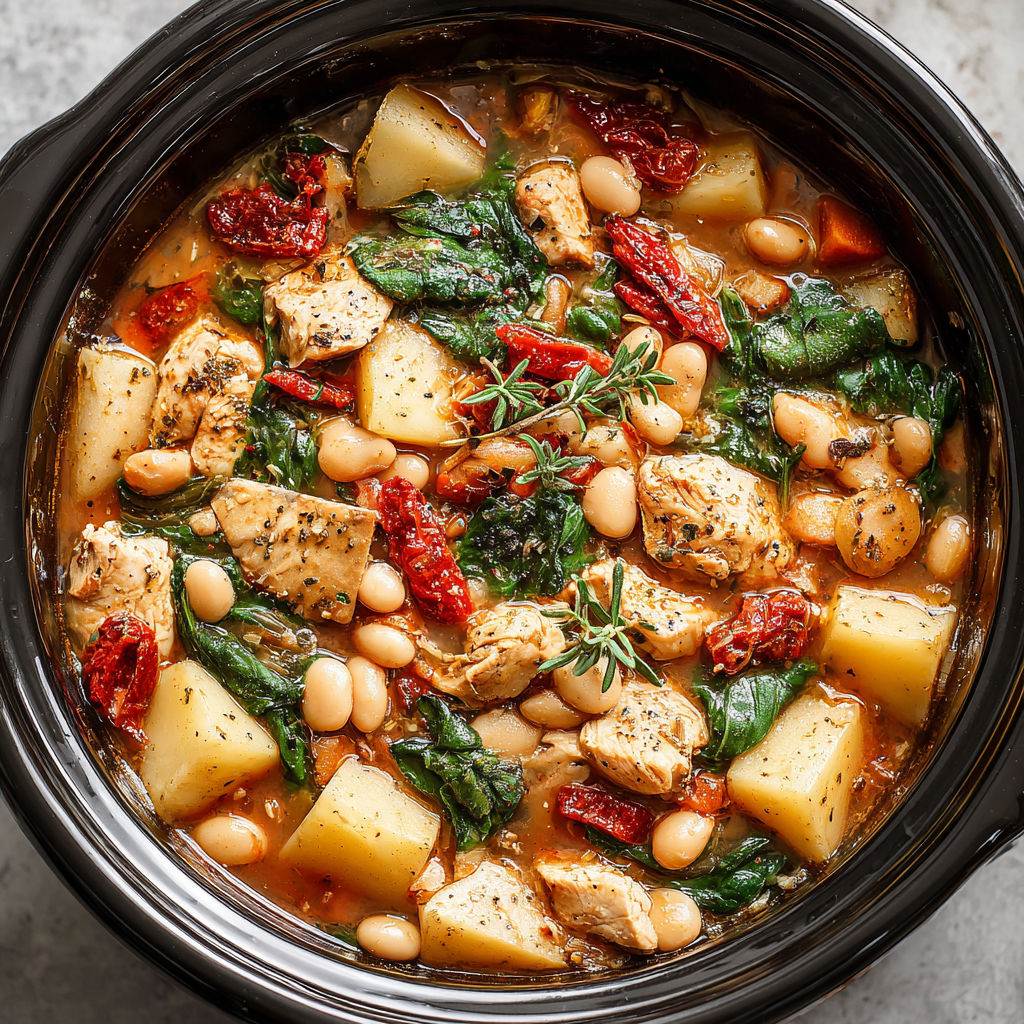 A close up of a Tuscan Crockpot Chicken and White Bean Stew.