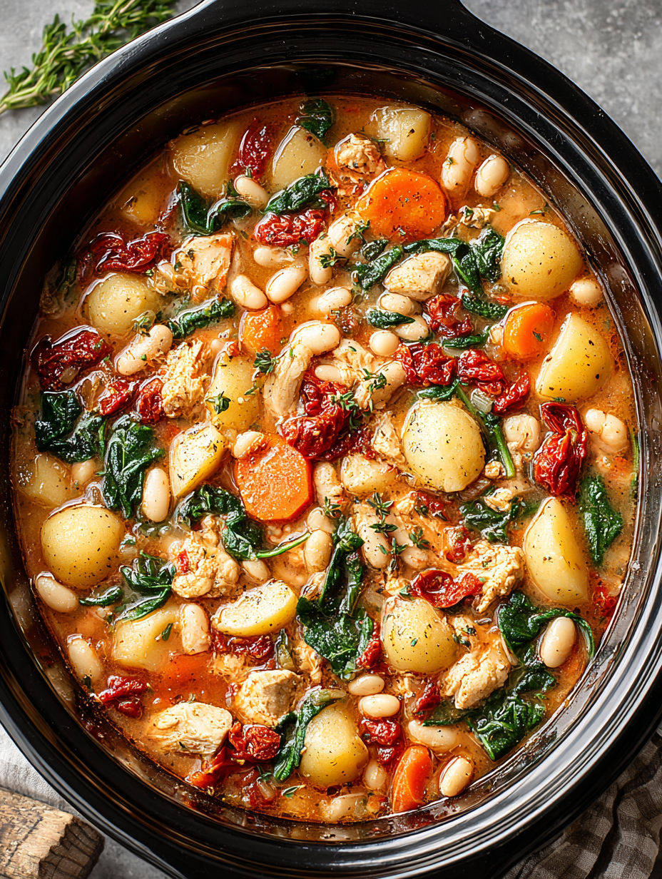 A close up of a Tuscan Crockpot Chicken and White Bean Stew.