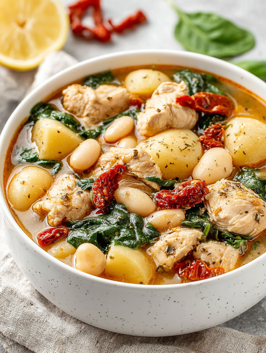 A bowl of chicken and white bean stew.