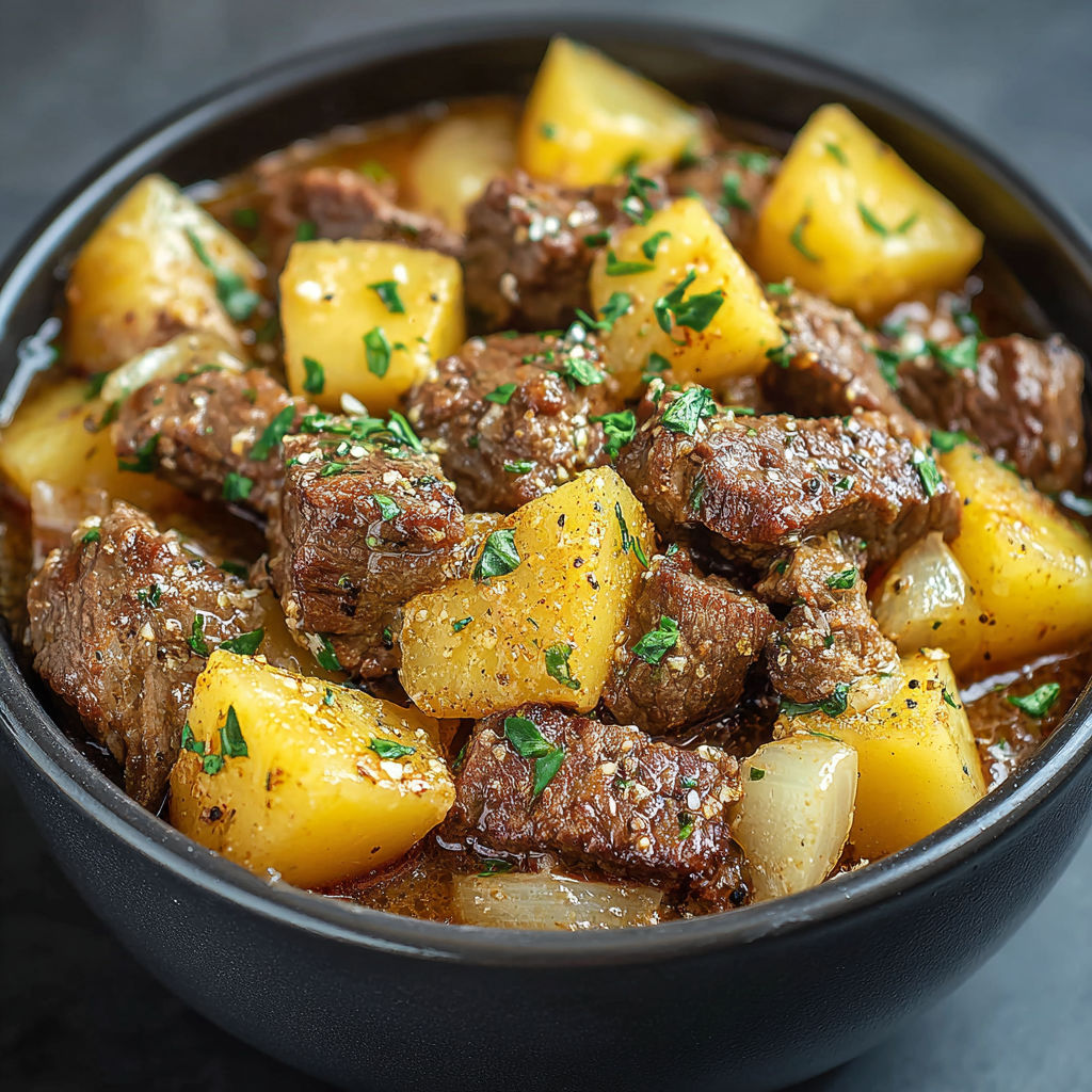 A bowl of beef and potatoes in a slow cooker.
