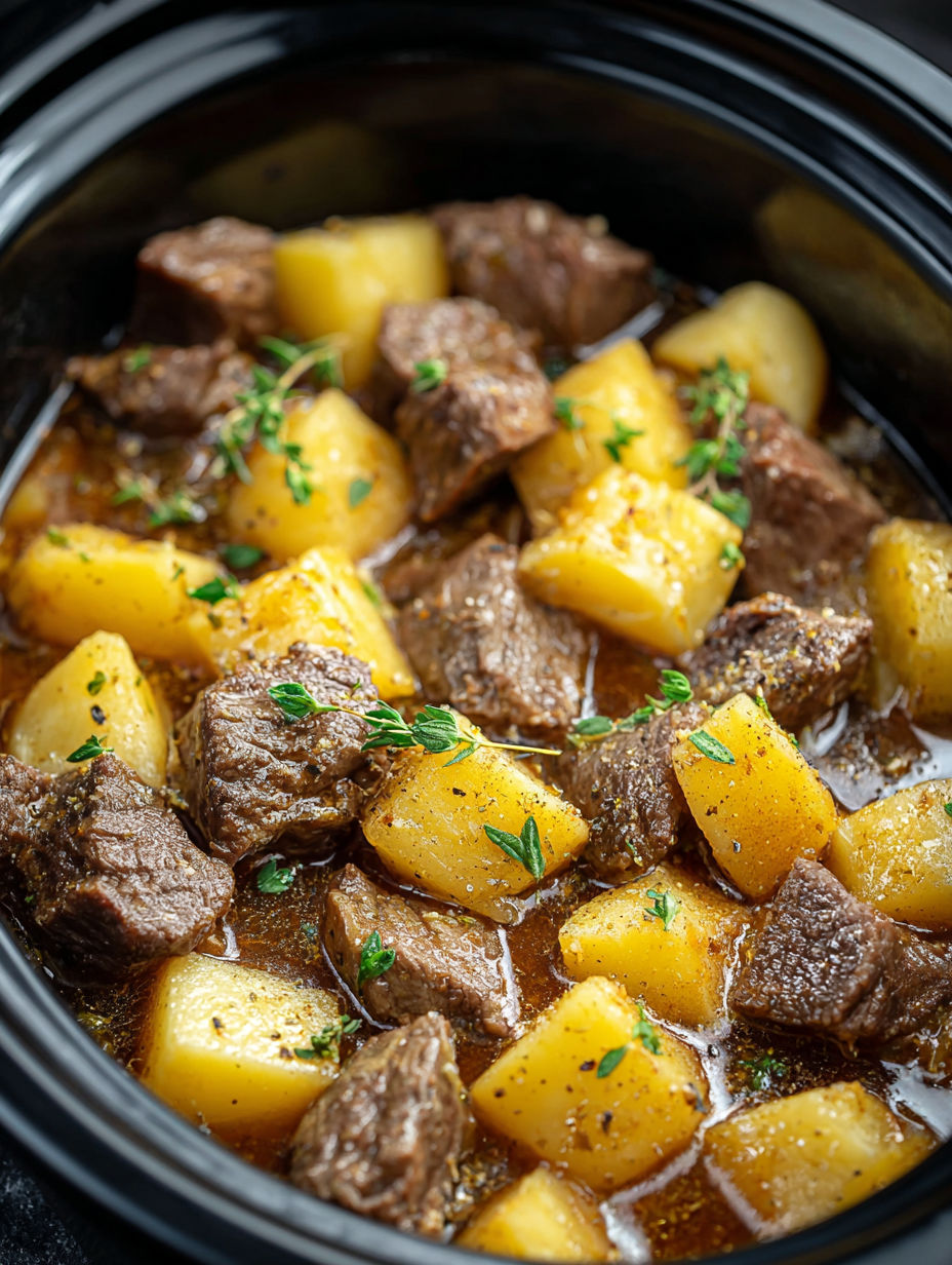 A slow cooker filled with beef and potatoes.