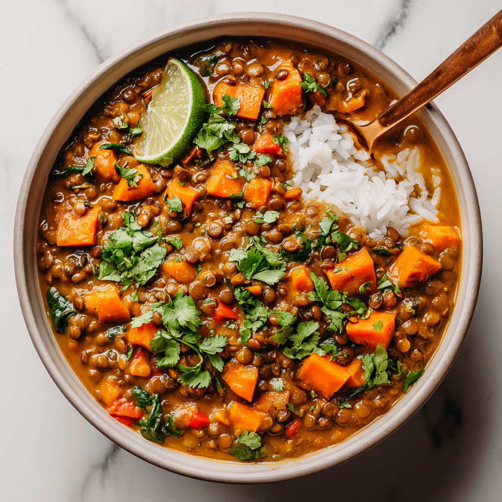 A bowl of vegan crockpot coconut-lentil curry.