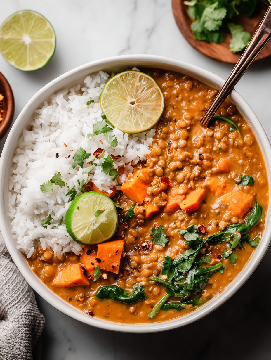 A bowl of rice and beans with limes and cilantro.