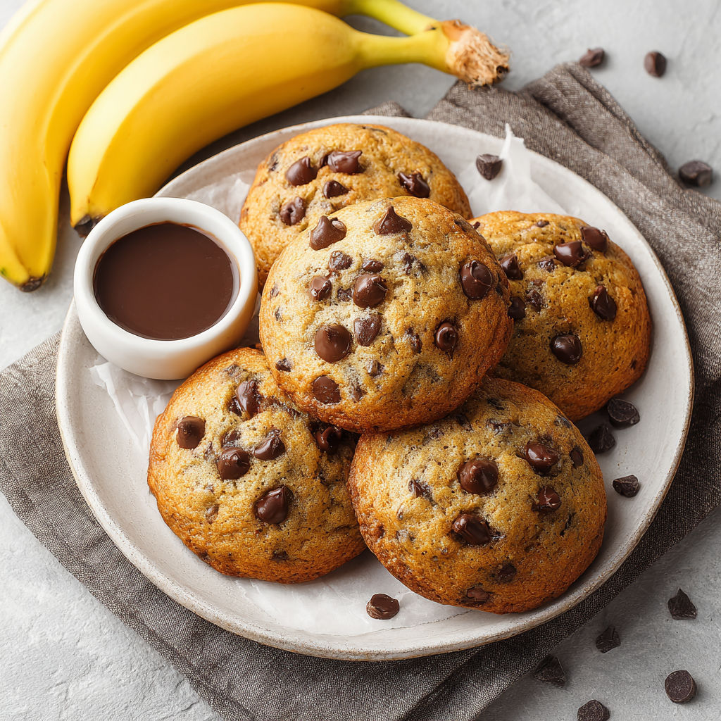 A plate of chocolate chip cookies next to a banana.