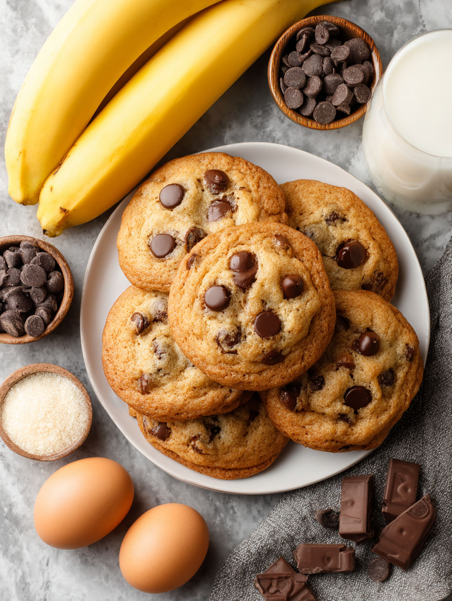 A plate of chocolate chip cookies sits next to a banana.