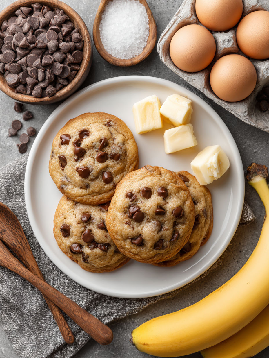 A plate of chocolate chip cookies sits on a table next to a banana.