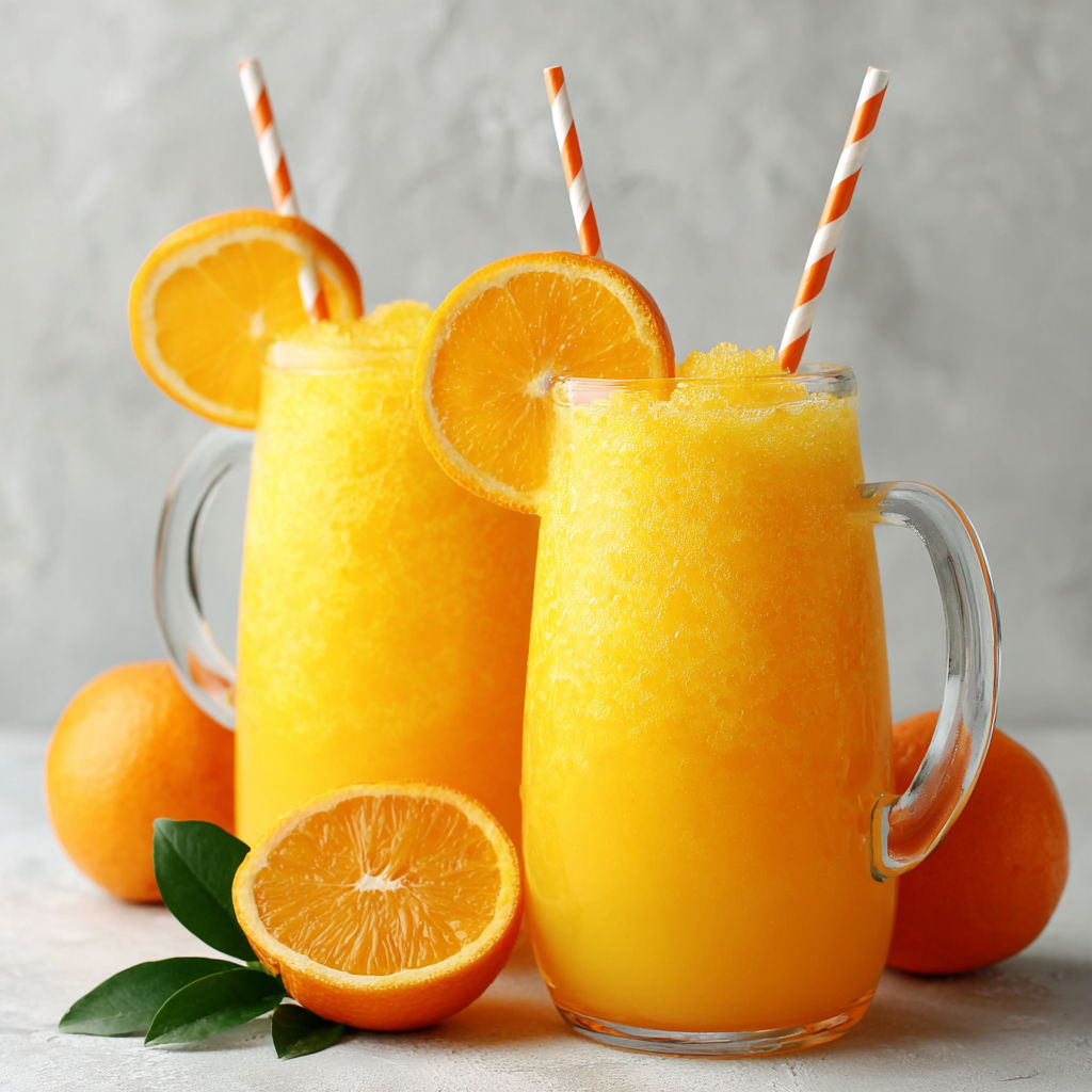 Two glasses of orange sherbet punch with orange slices on the side.