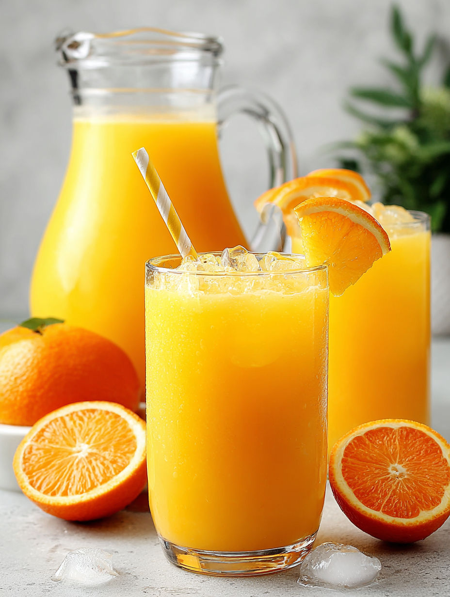 A glass of orange sherbet punch with a straw in it.