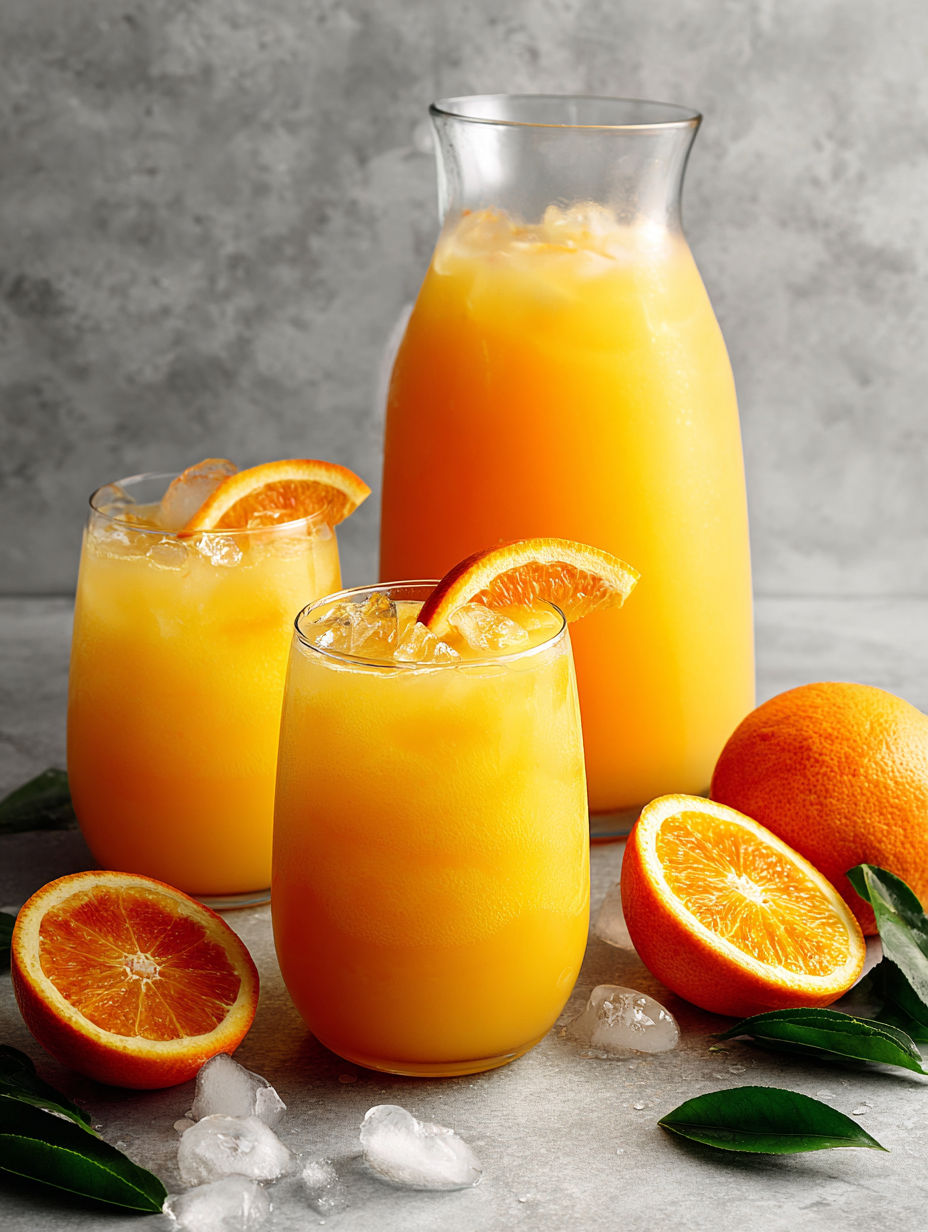 A glass of orange sherbet punch with a slice of orange on the side.