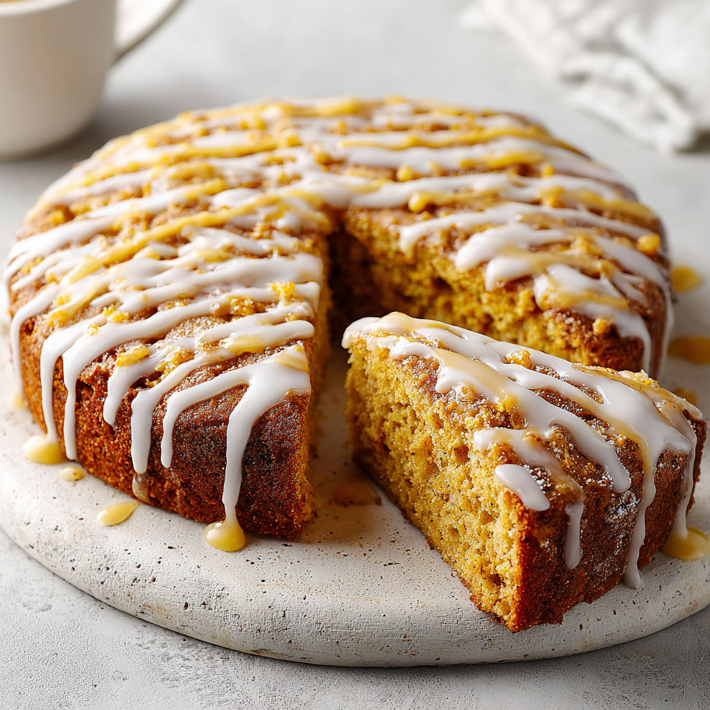 A slice of pumpkin bread with vanilla glaze.